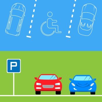 Illustrated adjoining parking lots with the top being handicap spaces