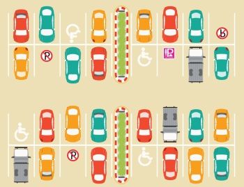 An illustrated parking lot showing handicap spaces, no parking signs, and cars in spaces